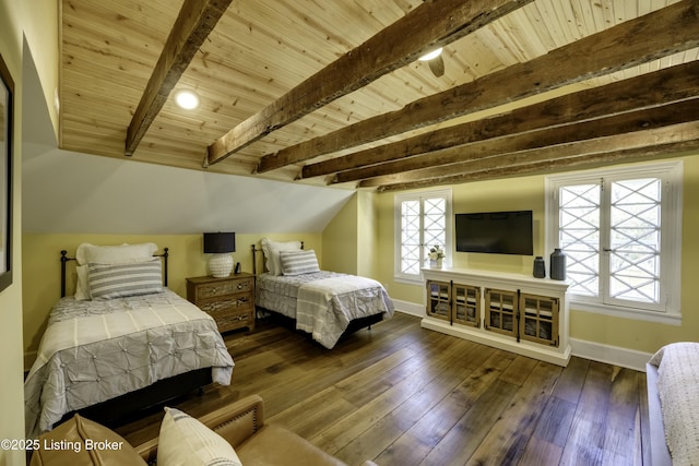 bedroom featuring hardwood / wood-style flooring, wood ceiling, and lofted ceiling with beams