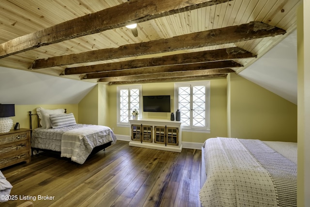 bedroom with wood ceiling, wood-type flooring, and lofted ceiling with beams