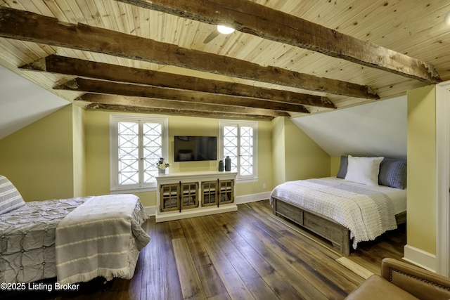 bedroom with dark hardwood / wood-style flooring, vaulted ceiling with beams, and wooden ceiling