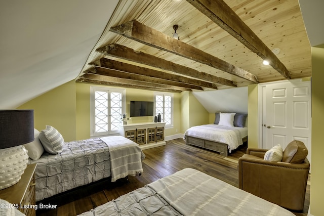 bedroom with vaulted ceiling with beams, wood ceiling, and dark hardwood / wood-style floors