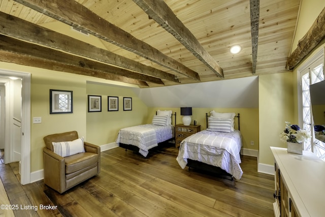 bedroom featuring lofted ceiling with beams, hardwood / wood-style floors, and wooden ceiling