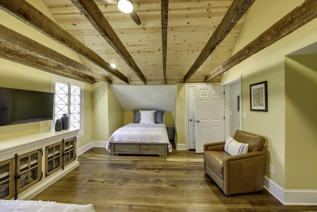 bedroom featuring lofted ceiling with beams, hardwood / wood-style floors, and wood ceiling