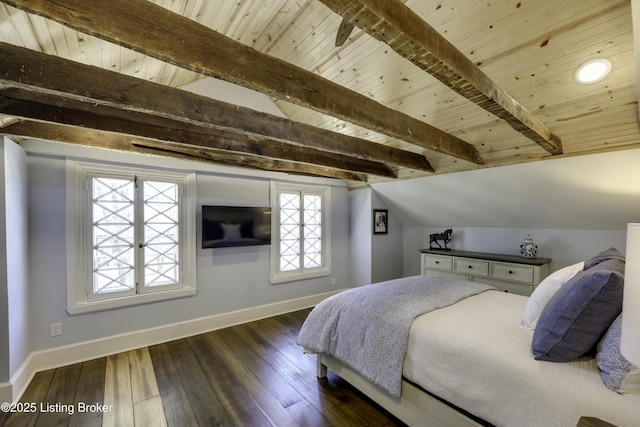 bedroom featuring dark hardwood / wood-style flooring, vaulted ceiling with beams, and wooden ceiling