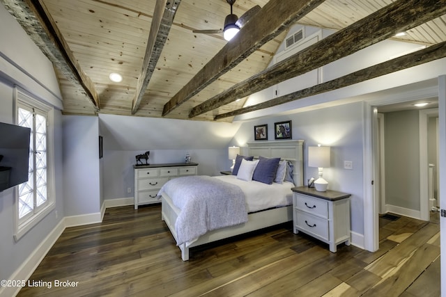 bedroom with lofted ceiling with beams, dark wood-type flooring, and wooden ceiling