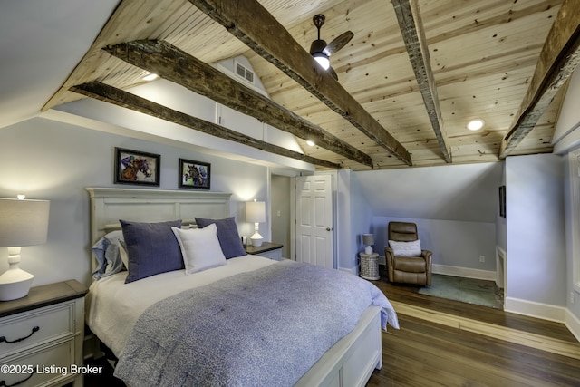 bedroom featuring dark hardwood / wood-style flooring, vaulted ceiling with beams, and wooden ceiling