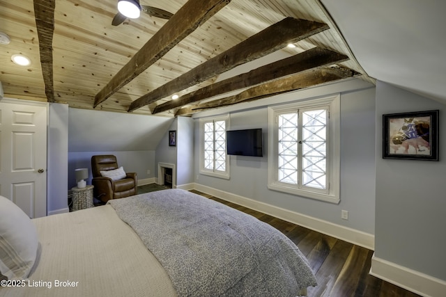 bedroom featuring dark wood-type flooring, wooden ceiling, and vaulted ceiling with beams