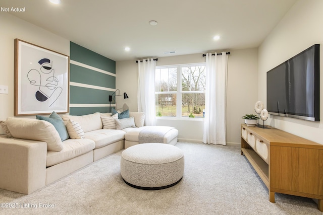 living room featuring light colored carpet