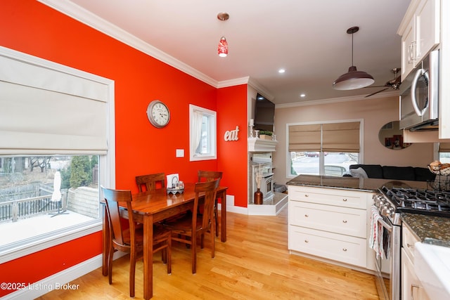 kitchen featuring appliances with stainless steel finishes, white cabinetry, hanging light fixtures, ornamental molding, and light hardwood / wood-style flooring