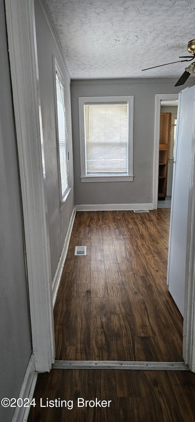 interior space with dark hardwood / wood-style flooring, ceiling fan, and a textured ceiling