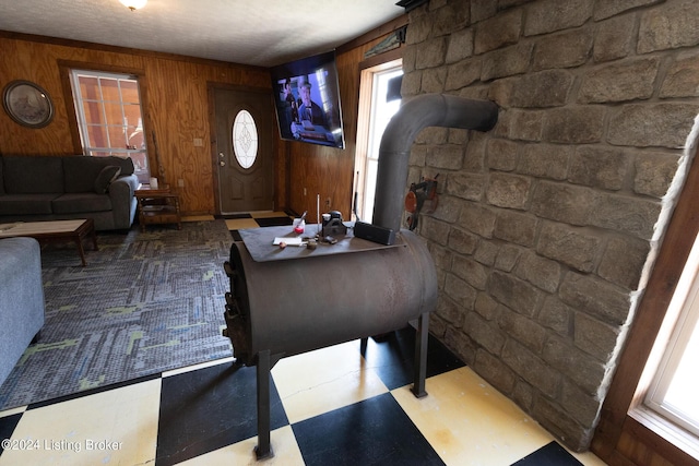 foyer entrance with wood walls