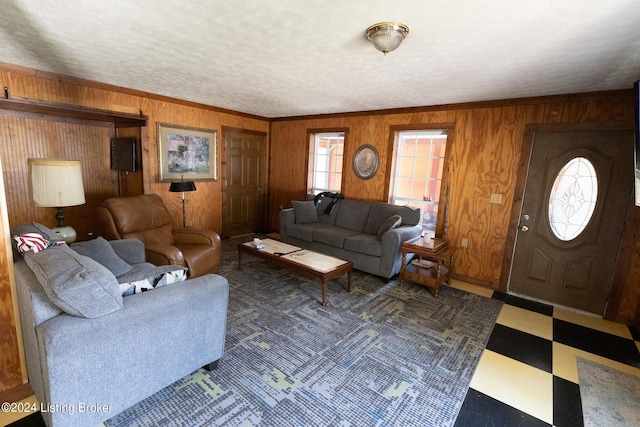 living room with ornamental molding, a textured ceiling, and wood walls