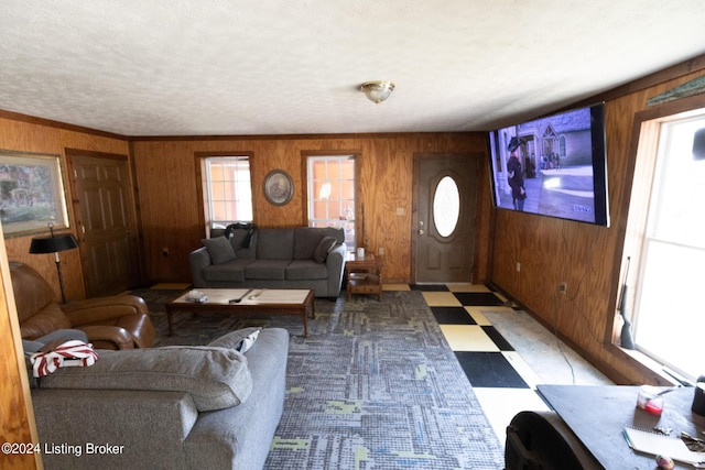 living room featuring a textured ceiling and wooden walls