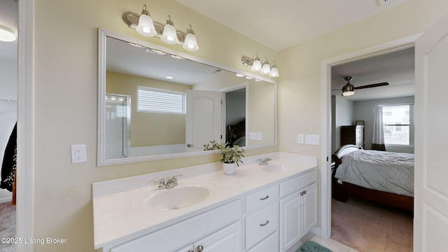 bathroom featuring vanity and ceiling fan