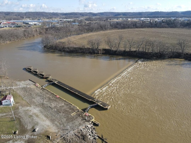 drone / aerial view featuring a water view