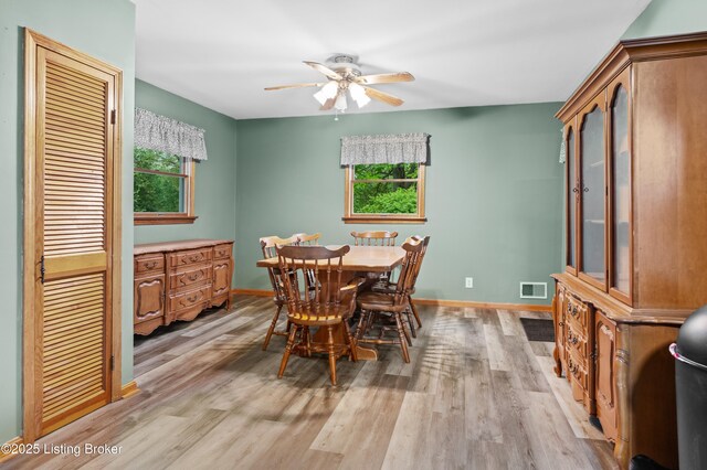 dining area with a ceiling fan, visible vents, baseboards, and light wood-type flooring