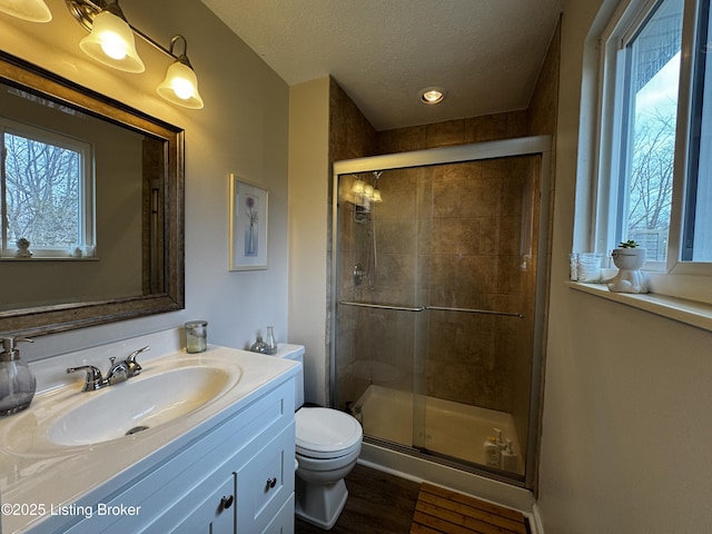 bathroom with vanity, a shower with shower door, a textured ceiling, and toilet