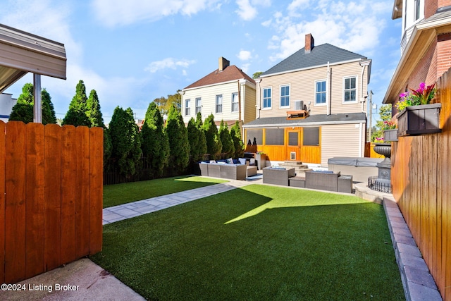 view of yard with an outdoor hangout area, a hot tub, and a patio