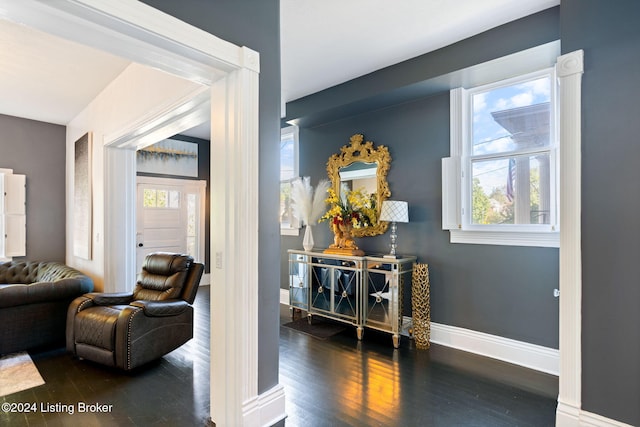 corridor featuring dark hardwood / wood-style floors and a healthy amount of sunlight