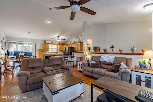 living room featuring lofted ceiling, sink, light hardwood / wood-style floors, and a textured ceiling