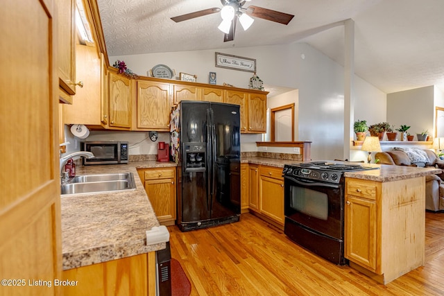 kitchen with lofted ceiling, light hardwood / wood-style floors, sink, and black appliances