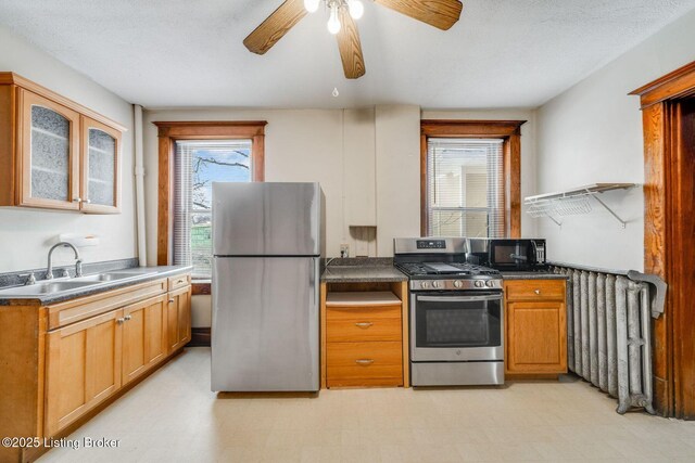 kitchen with light floors, a sink, glass insert cabinets, appliances with stainless steel finishes, and dark countertops