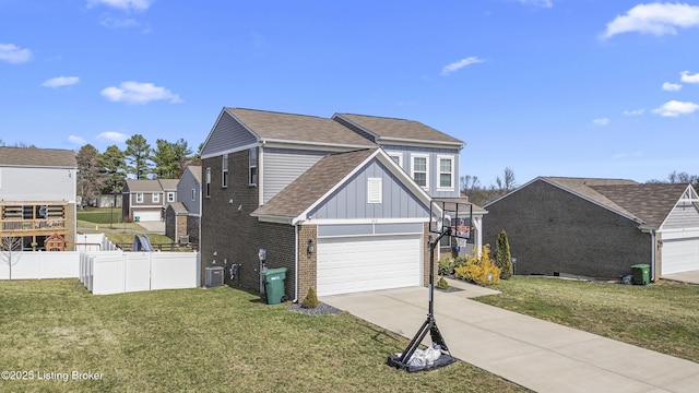 view of front of home with brick siding, board and batten siding, a front lawn, central AC, and driveway