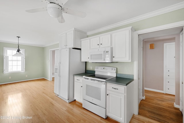 kitchen featuring decorative light fixtures, white cabinetry, ornamental molding, white appliances, and light hardwood / wood-style flooring