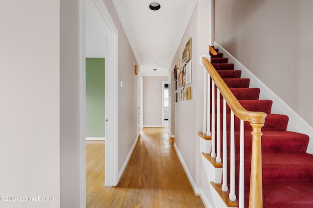 hall featuring ornamental molding and light wood-type flooring