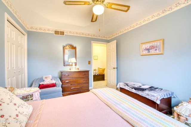 bedroom featuring ceiling fan and a closet