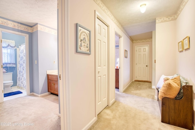 corridor with light colored carpet, ornamental molding, and a textured ceiling