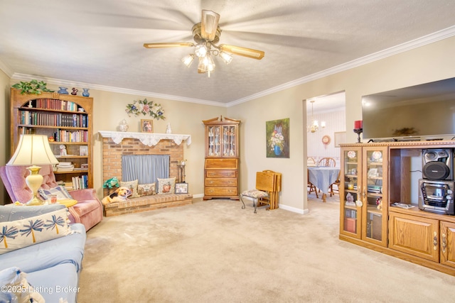 living room with light carpet, crown molding, a fireplace, and ceiling fan with notable chandelier