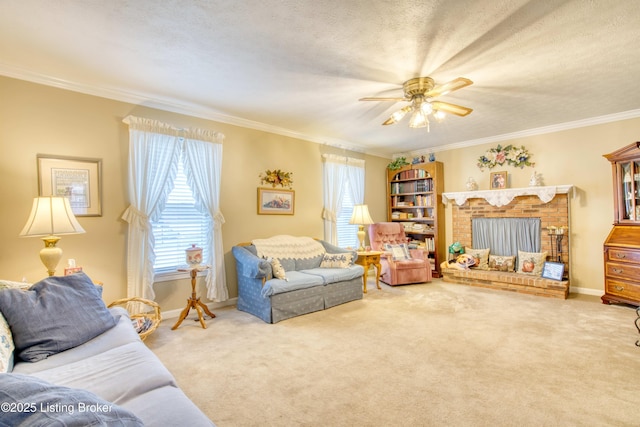 living room featuring carpet floors, a wealth of natural light, a fireplace, and ornamental molding