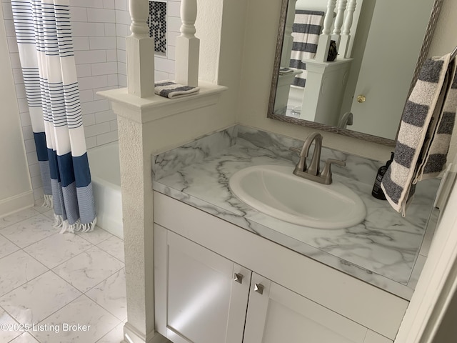 bathroom featuring vanity and shower / bath combo with shower curtain