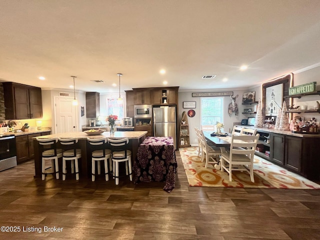 kitchen featuring hanging light fixtures, dark brown cabinets, stainless steel appliances, and a center island