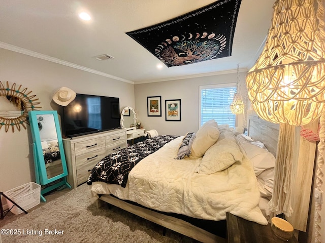 carpeted bedroom with crown molding