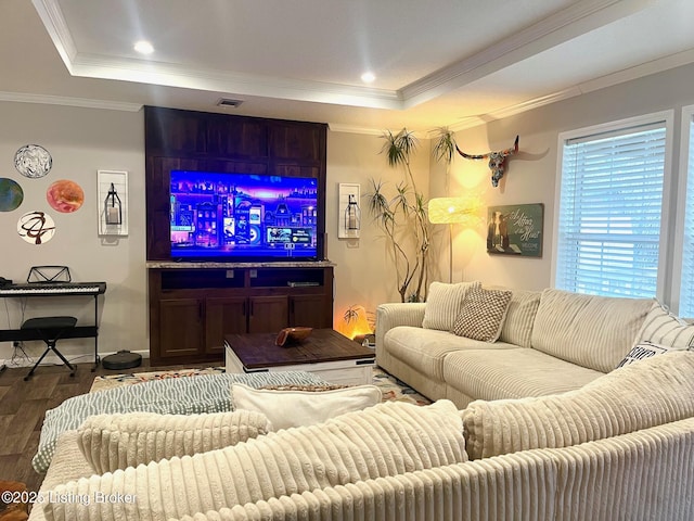 living room featuring ornamental molding, a tray ceiling, and wood-type flooring