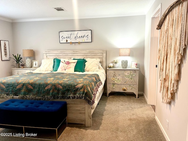 carpeted bedroom with crown molding