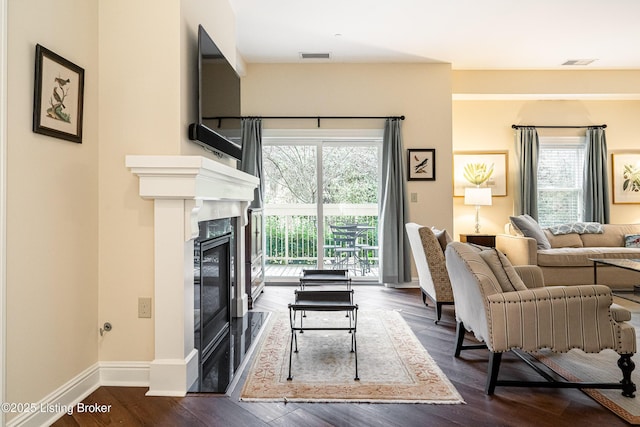 living room featuring a fireplace, dark hardwood / wood-style floors, and plenty of natural light