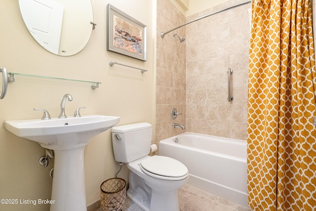 full bathroom with sink, shower / bathtub combination with curtain, toilet, and tile patterned flooring