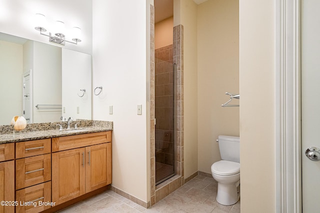 bathroom with tile patterned floors, vanity, toilet, and a shower with shower door