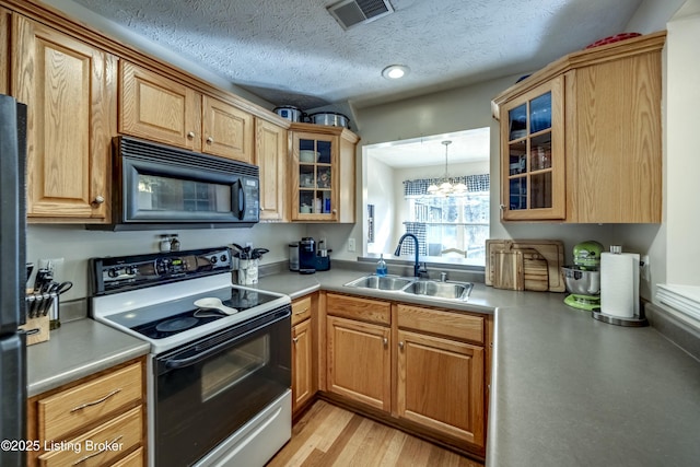 kitchen with sink, decorative light fixtures, a chandelier, electric range oven, and light hardwood / wood-style flooring