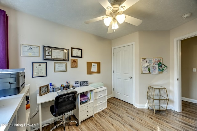 office featuring a textured ceiling, light hardwood / wood-style floors, and ceiling fan