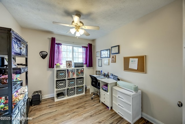 office featuring ceiling fan, a textured ceiling, and light wood-type flooring