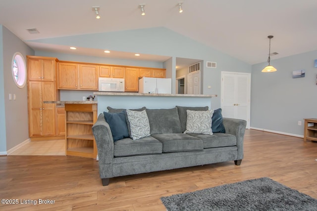 living room featuring vaulted ceiling and light hardwood / wood-style flooring