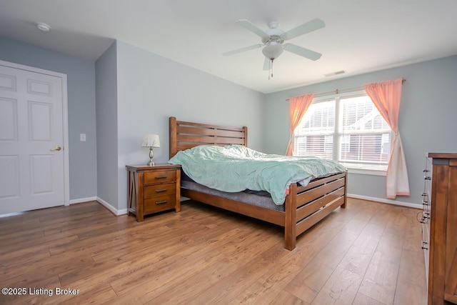 bedroom featuring ceiling fan and light hardwood / wood-style flooring