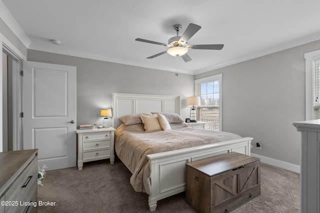 carpeted bedroom featuring ornamental molding and ceiling fan