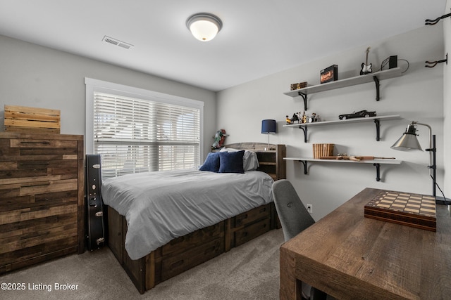 bedroom with light carpet