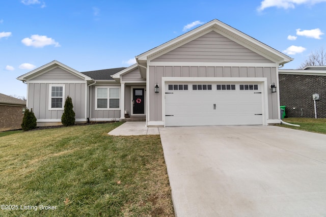 ranch-style house featuring a garage and a front lawn