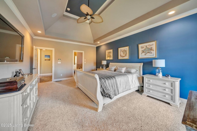 bedroom with light carpet, a raised ceiling, recessed lighting, crown molding, and baseboards