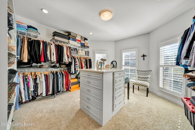 walk in closet with light carpet